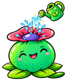 The Avalon Magic Plants mascot, a smiling round cactus with a flower, being watered